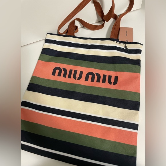 Miu Miu Accessories - Miu Miu Multicolor Striped Canvas Tote (Green, Coral, Navy, Cream, Brown)